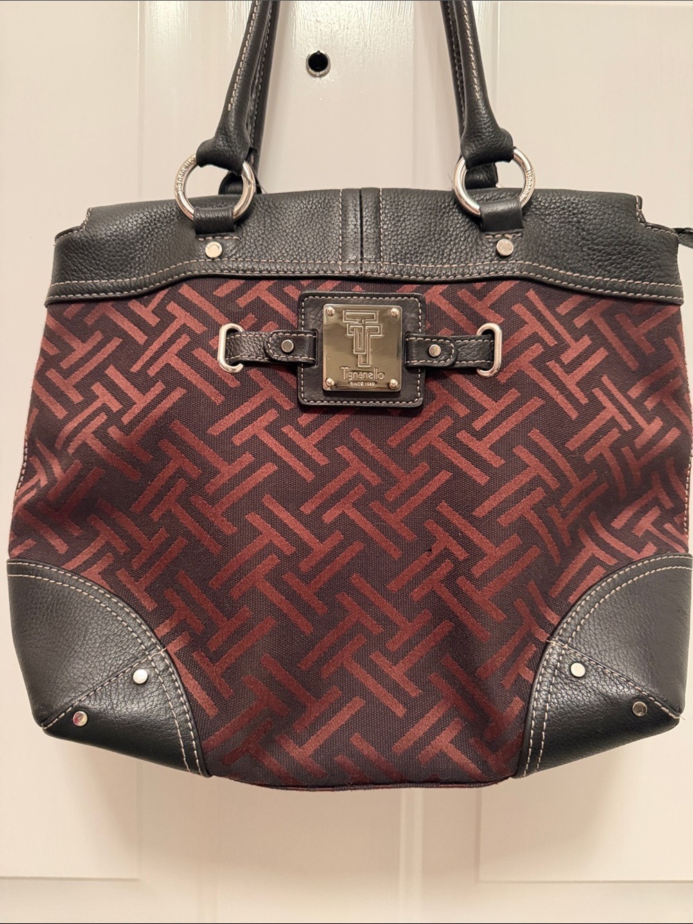 Tignanello Black Bronze Monogram Tote Bag Silver Hardware